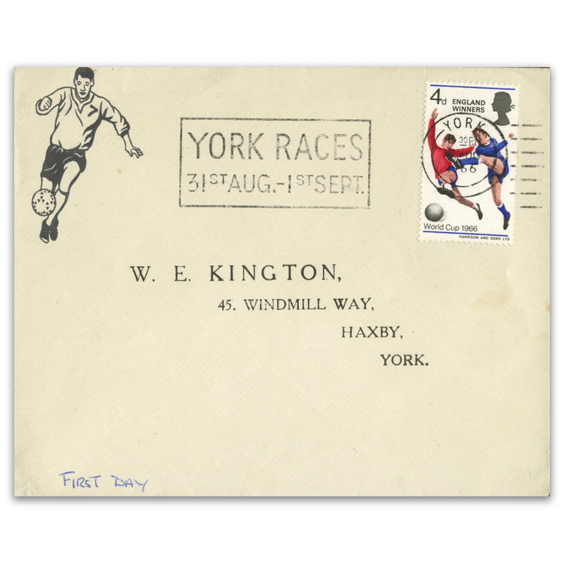 1966 England Winners.York Races slogan. Unusual cover illustration, not seen before.