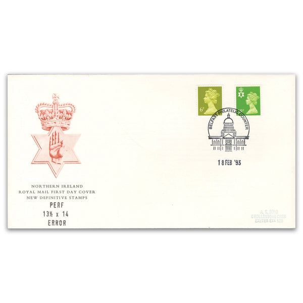 1993 N.Ireland 18p Perf Error 13 1/2 x 14. Belfast Philatelic Counter h/s