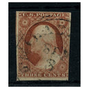USA 1851-57 3c Washington Copper-brown Type 1 fine used 3+ margins  Cat.£100 SG12a