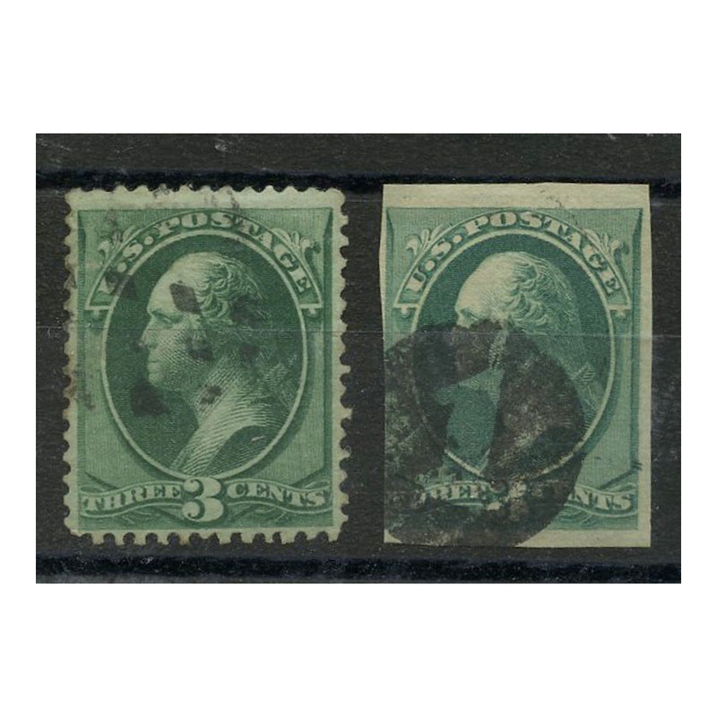 USA 1873 3c Bluish-green, 3 margin imperf single, used, normal provided for comparison. SG160+b