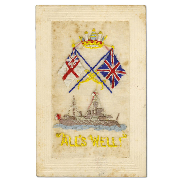 WWI Silk Postcard - "All's Well" Battleship