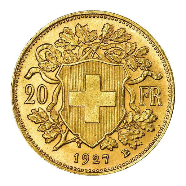 1927 Swiss Helvetica 20 franc Gold Coin CBN1094B