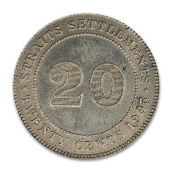 Straits Settlements 1935 silver 20 Cents, 'round top 3' vartiety, KM#30b. A flashy AU example.