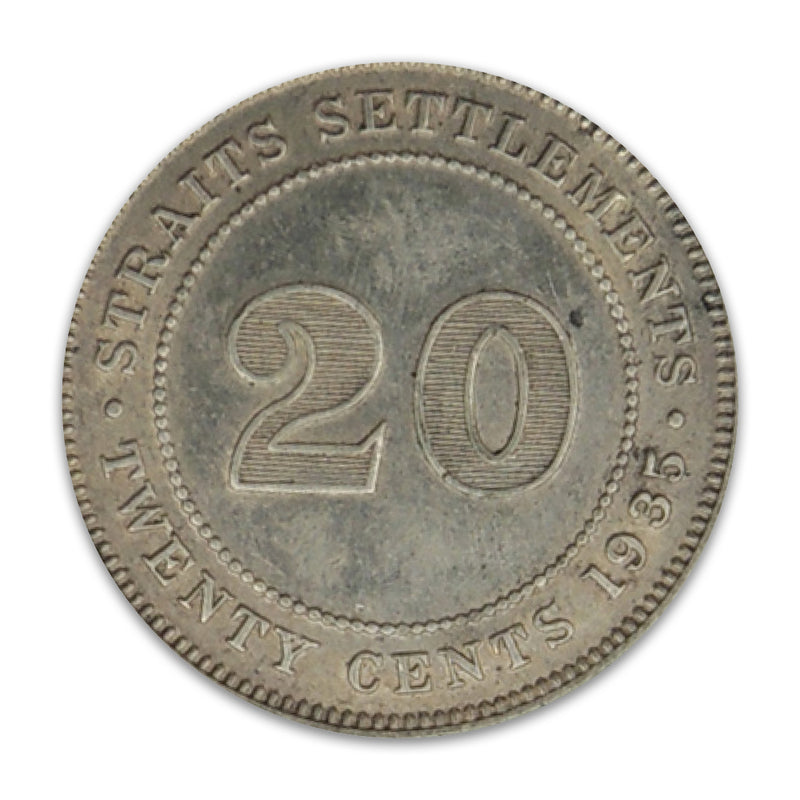 Straits Settlements 1935 silver 20 Cents, 'round top 3' vartiety, KM