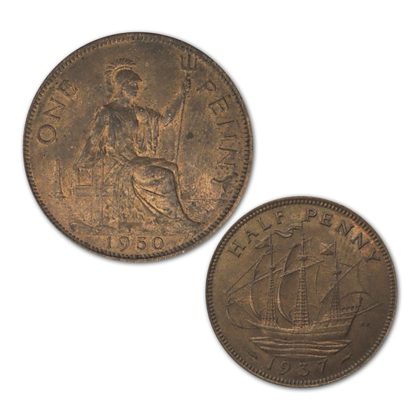 UK pair of better bronzes, inc:  low-mintage, better grade 1950 Penny &  high grade 1937 1/2d