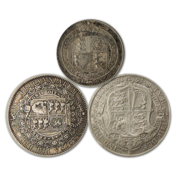 UK. Trio of better sterling silvers, 1887 & 1916 Halfcrowns & 1887 Shilling. Nice assortment.