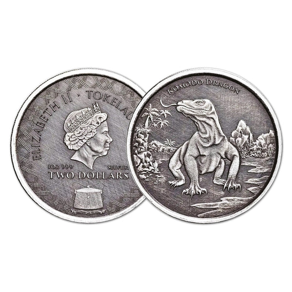 2022 Tokelau Komodo Dragon 1oz Antique Finish Silver Coin