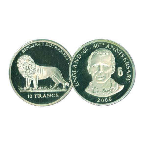 2006 10 Francs Silver Congo Coin - World Cup Anniversary - Bobby Moore No. 6 COL14809