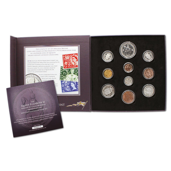 The Queen Elizabeth II Longest Reigning Monarch Coronation Coin & Stamp Set