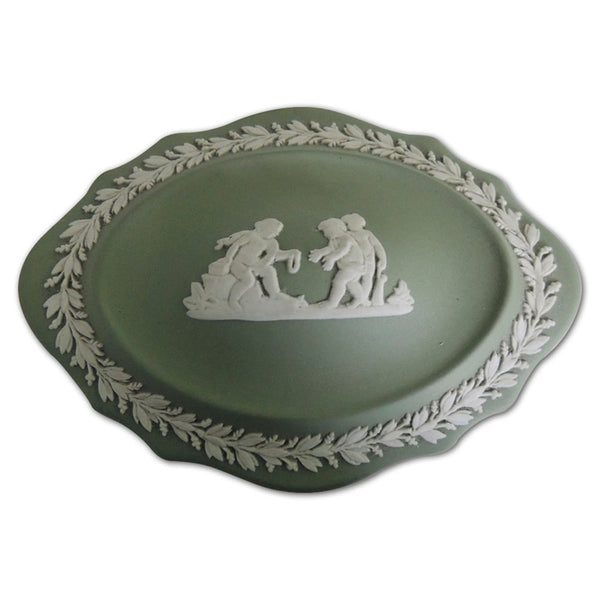 Wedgwood Green Jasperware 1970's Scalloped Oval Box CXG0914