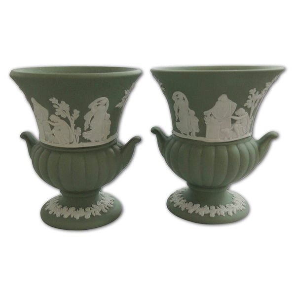 Pair Wedgwood Green Jasperware 1970's Campana Urns CXG0915