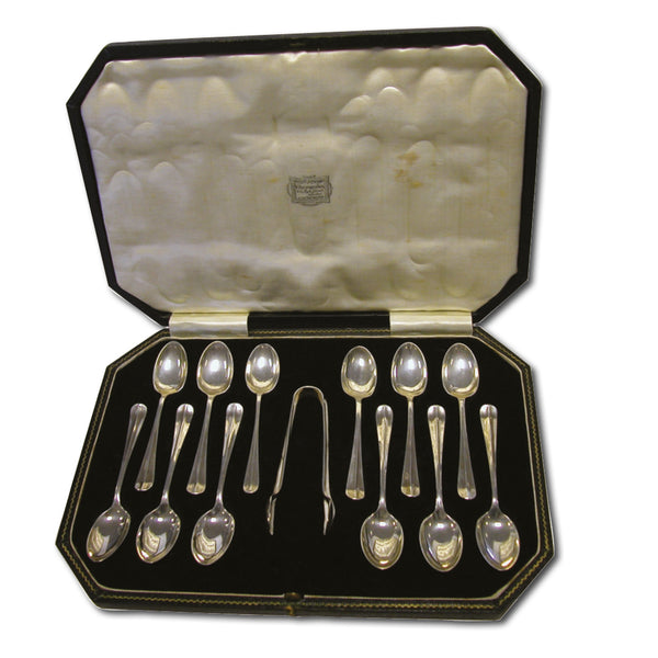 Set of 12 Silver Teaspoons & Sugar Tongs CXH0047