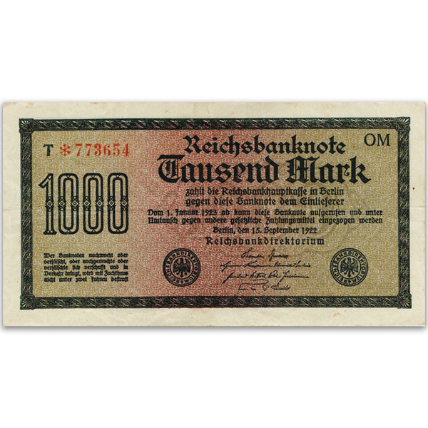 One Thousand Mark Reichsbank Banknote - 1922