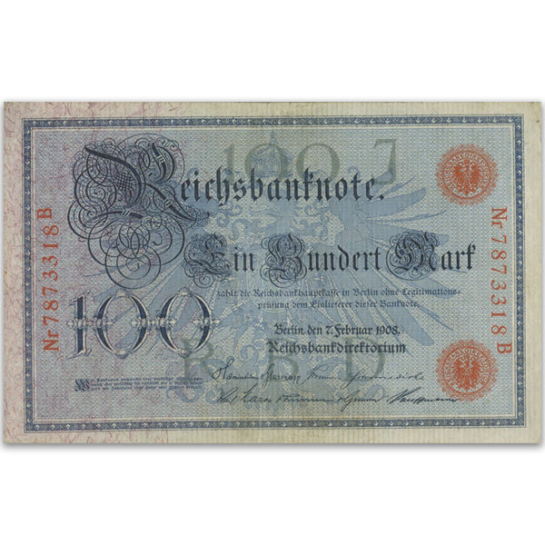 One Hundred Mark Reichsbank Note (Red Imprints) - 1908