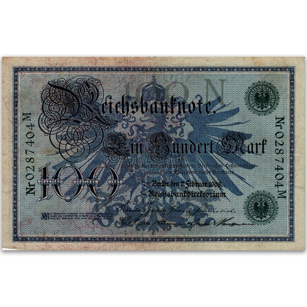One Hundred Mark German Reichsbank Banknote - 1908