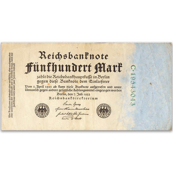 Five Hundred Mark Reichsbank Note - 1922