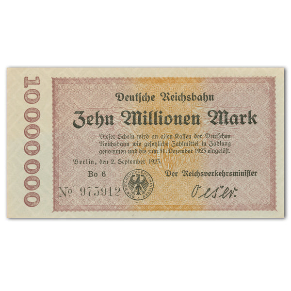 Ten Million Mark Deutsche Reichsbank Note - 1923