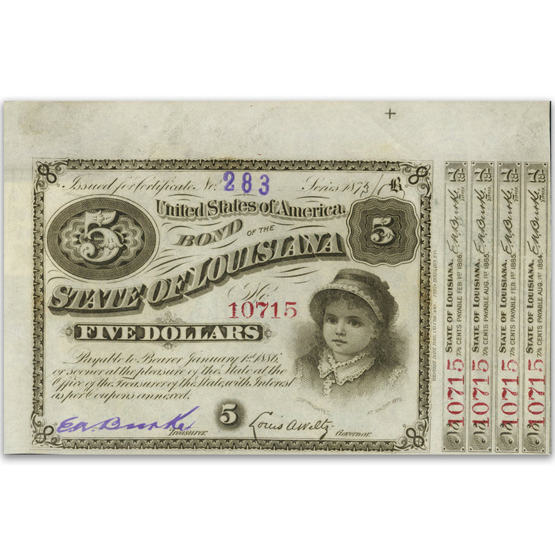 Louisiana 1879-86 $5 "Baby Bond" State Note. Au