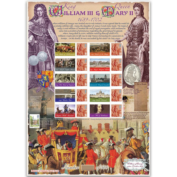 King William III and Mary II GB Customised Stamp Sheet - HoB 63 GBS0153