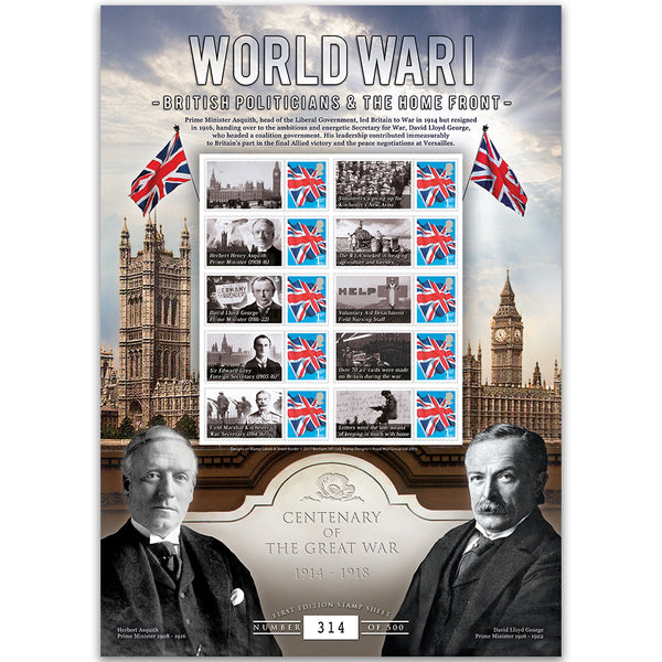 2017 WW1 Customised Stamp Sheet - 'British Politicians and the Home Front' GBS0261