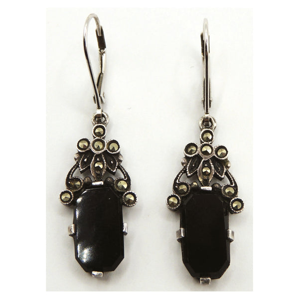 Silver Marcasite & Onyx Drop Earrings