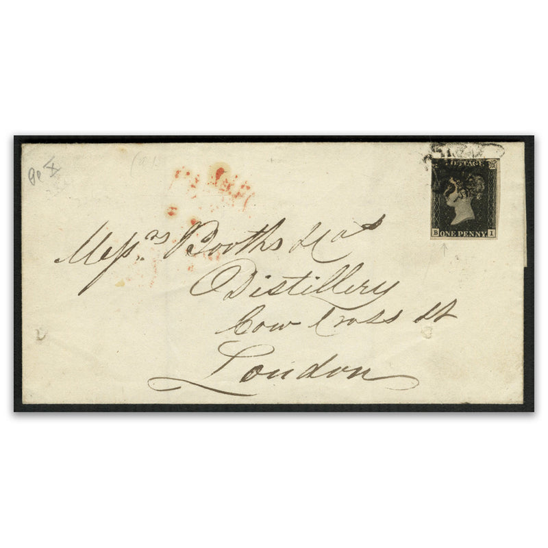 1d Black, plate 10, 4 margins, tied on cover sent to Booths distillery, cat. £3500. SG2