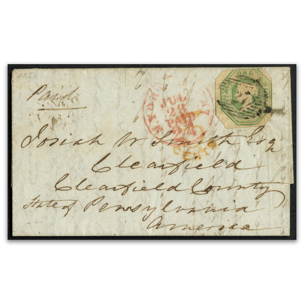 1865 1/- Pale-green, partially cut to shape, used on entire to Pennsylvania, USA. SG54
