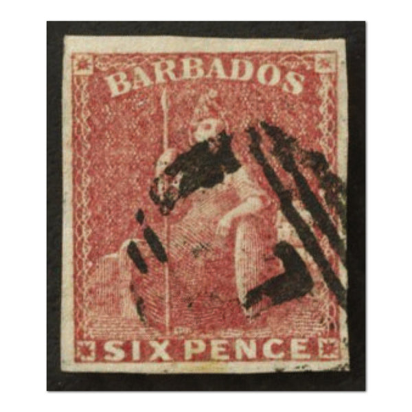 Barbados SG11 1858 6d rose-red imperforate, no watermark, good 4 margin used RRBAB0011