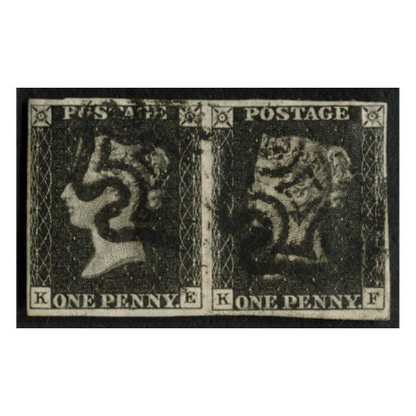 GB 1d Black pair (KE-KF) 4mgn. KF is extensively repaired. SG2