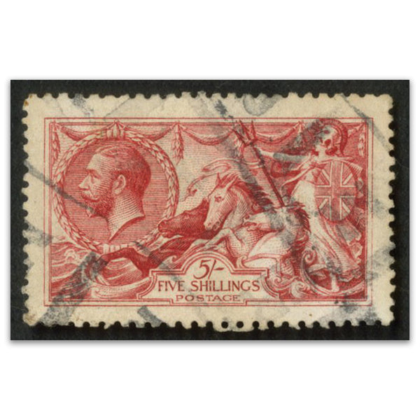 1915 5/- Bright carmine, DLR ptng, good to fine used. SG409