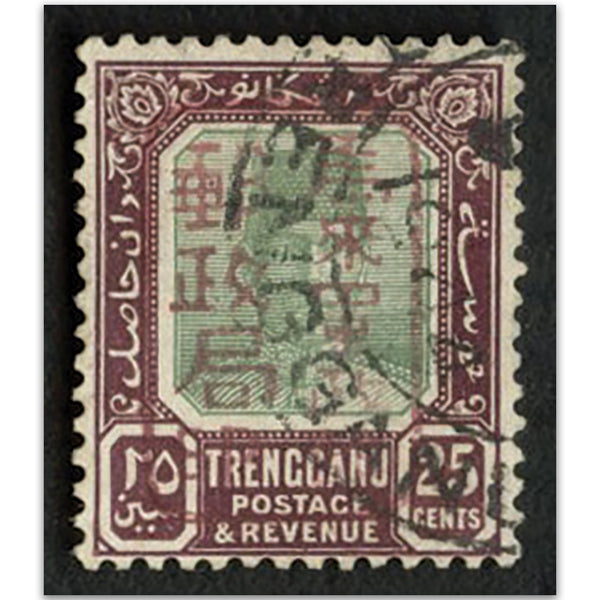 Malaya Jap. Occ. SGJ109b 1942 Trengganu 25c green & purple FU with "Brown" overprint
