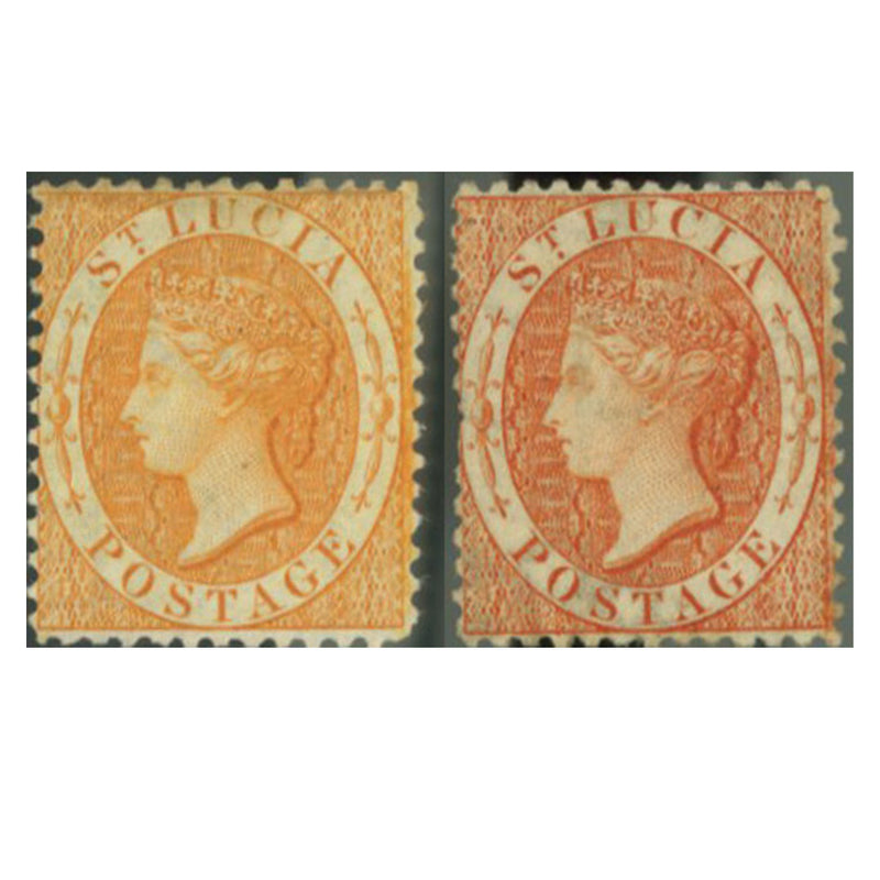 St Lucia 1864-76 1/- Brown-orange and pale-orange shades, both mtd mint. SG14+a