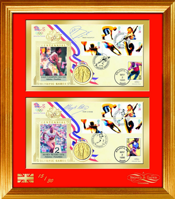 1996 Olympic Covers - Signed by Mary Peters and Daley Thompson - Framed SD043