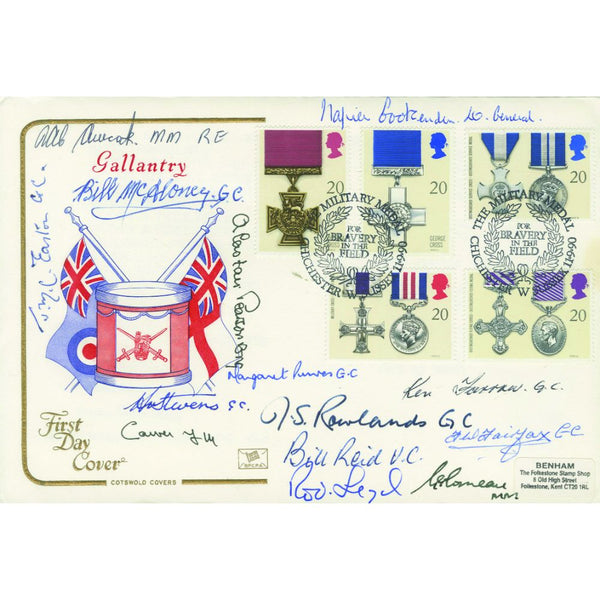 1990 Gallantry Cotswold Cover. Signed by 14 inc 2 Victoria Cross and 7 George Cross holders. SIGM0254