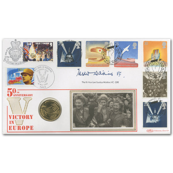 1995 VE Day Coin Cover - Signed Watkins VC SIGM0352
