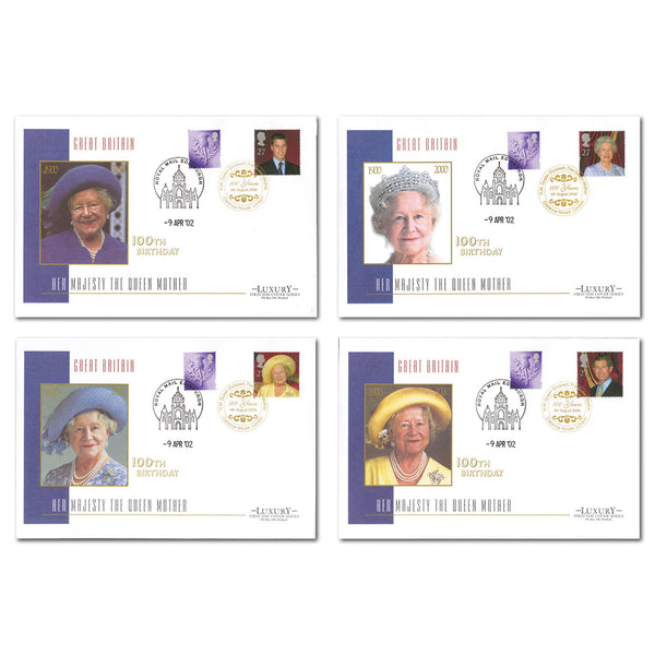 2000 Queen Mother. Set 4 'Luxury' s/s covers, Clarence House (Gold) h/s, Dbld Funeral TX0008V
