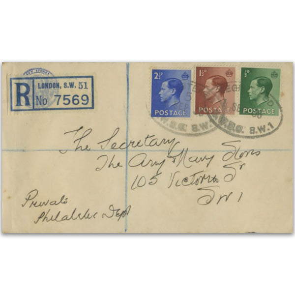 1936 Edward VIII 1/2d - 2 1/2d, London SW1 cancel TX3609R