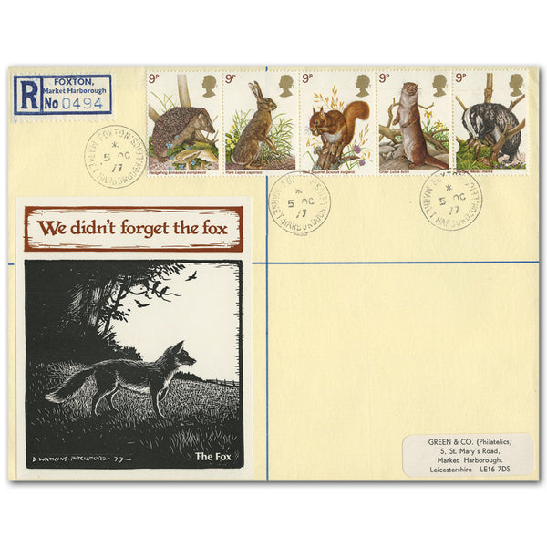 1977 British Wildlife, Foxton cds on registered envelope TX7710