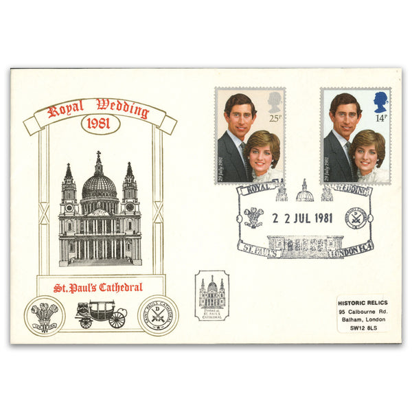 1981 Royal Wedding. Historic Relics Oficial. St Pauls, London Handstamp