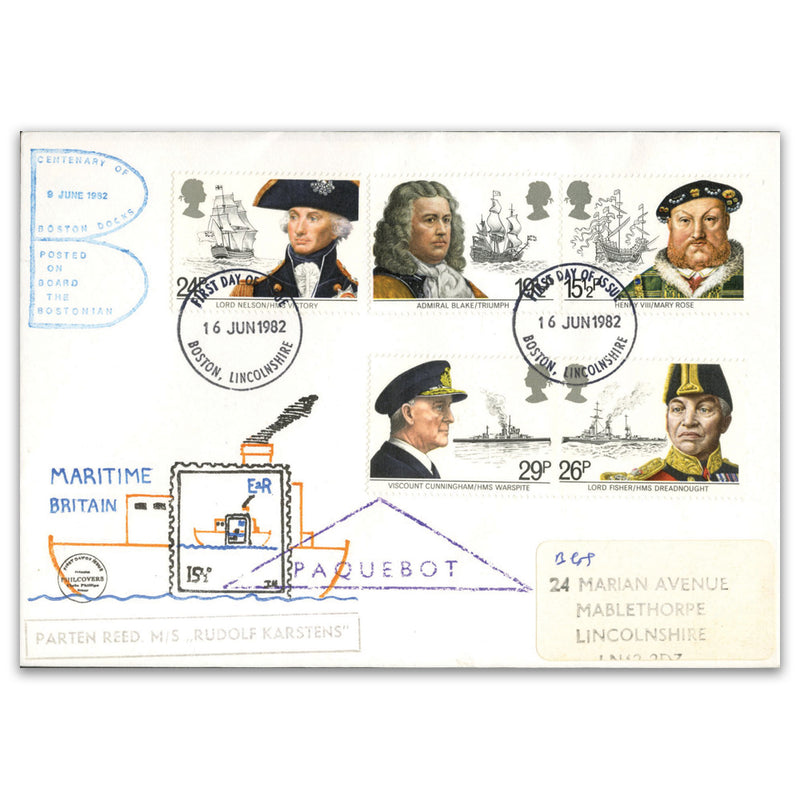 1982 Maritime. Phil Covers. Boston FDI. Boston Docks cachet + MS Rudolf Karstens cachet