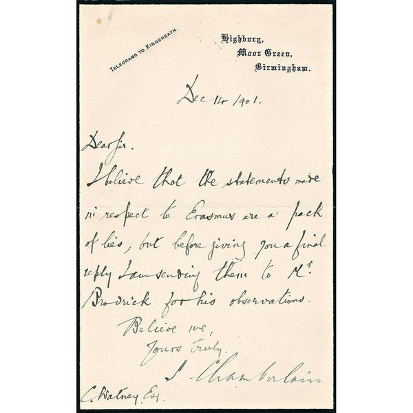Joseph Chamberlain Signed Handwritten Letter