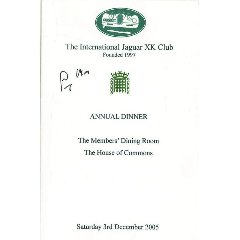 Stirling Moss Signed Programme From Annual Dinner Event for Jaguar XK Club