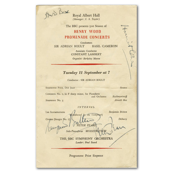 Programme Signed Benjamin Britten, Arnold Bax, Peter Pears + 1