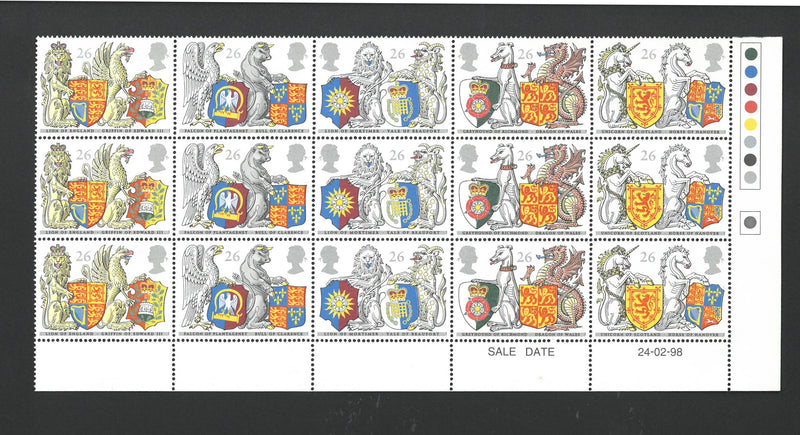 SG 2026a GB 1998 Queen's Beasts, Phosphor Omitted. Fine u/m traffic light corner 3 se-tenant strips V2026B