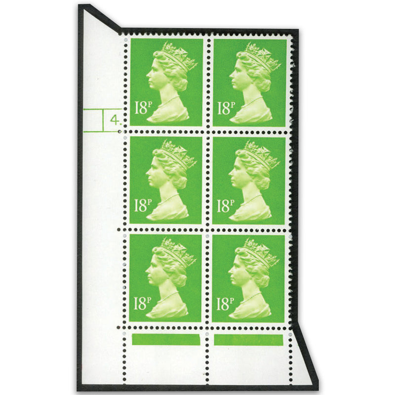 GB 1991 18p Bright Green CYL 4 Dot Phos No 41. SG X913 Variety