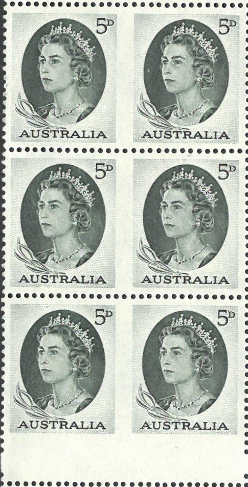 Australia 1963-65 Deep Green Imperf Between. Block of 6 SG354b VAUS354BA