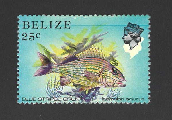 Belize 1984 25c Blue Striped Grunt Fish. Multi-Coloured Shift. SG774B var VBEZ774