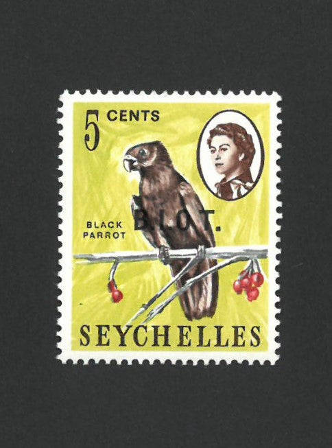B.I.O.T o/p Seychelles 1968 5c Black Parrot No Stop after O'  SG1b VBI01B