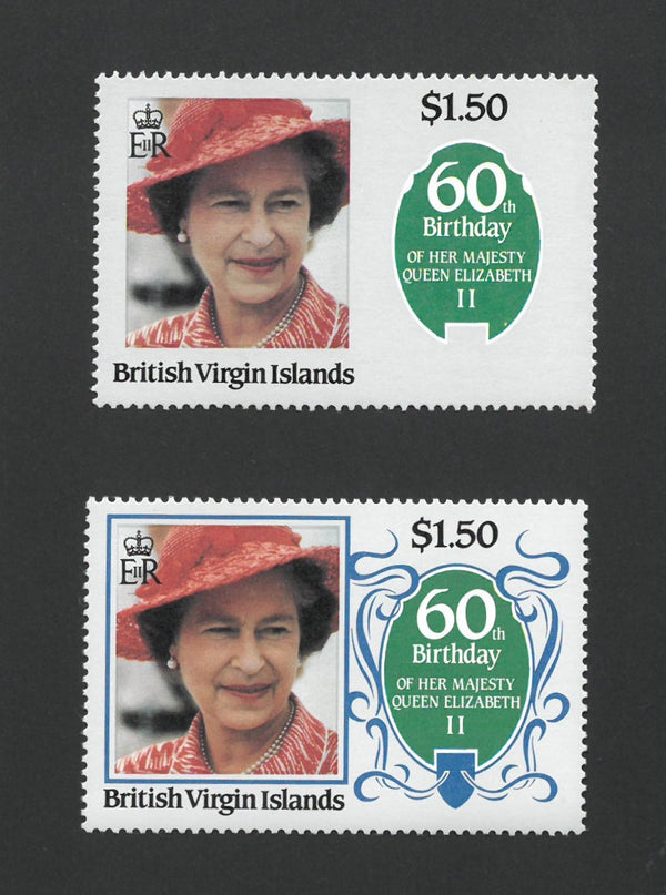 British Virgin Islands 1986 $1.50 QE II 60th blue (ribbons, frame) missing & watermarked. SG602 VBVI602