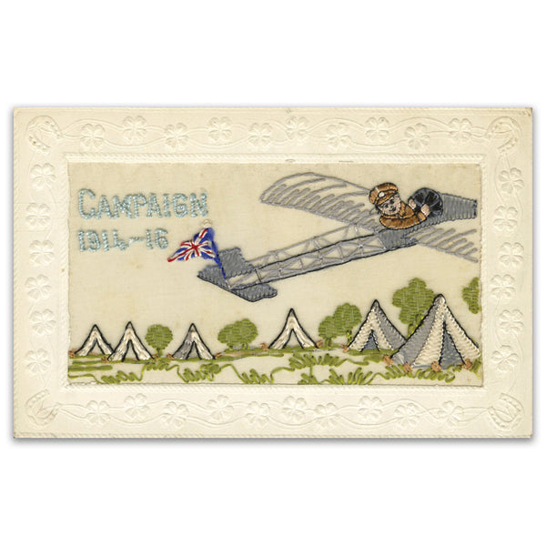 WWI Embroidered Postcard - Campaign 1914 - 1916 Aircraft Over Army Camp